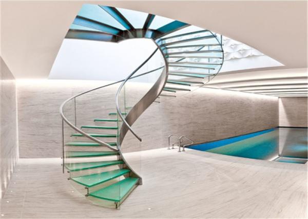 Tempered Glass Tread Building Curved Stairs With 300*12mm / 300*10mm Stringer