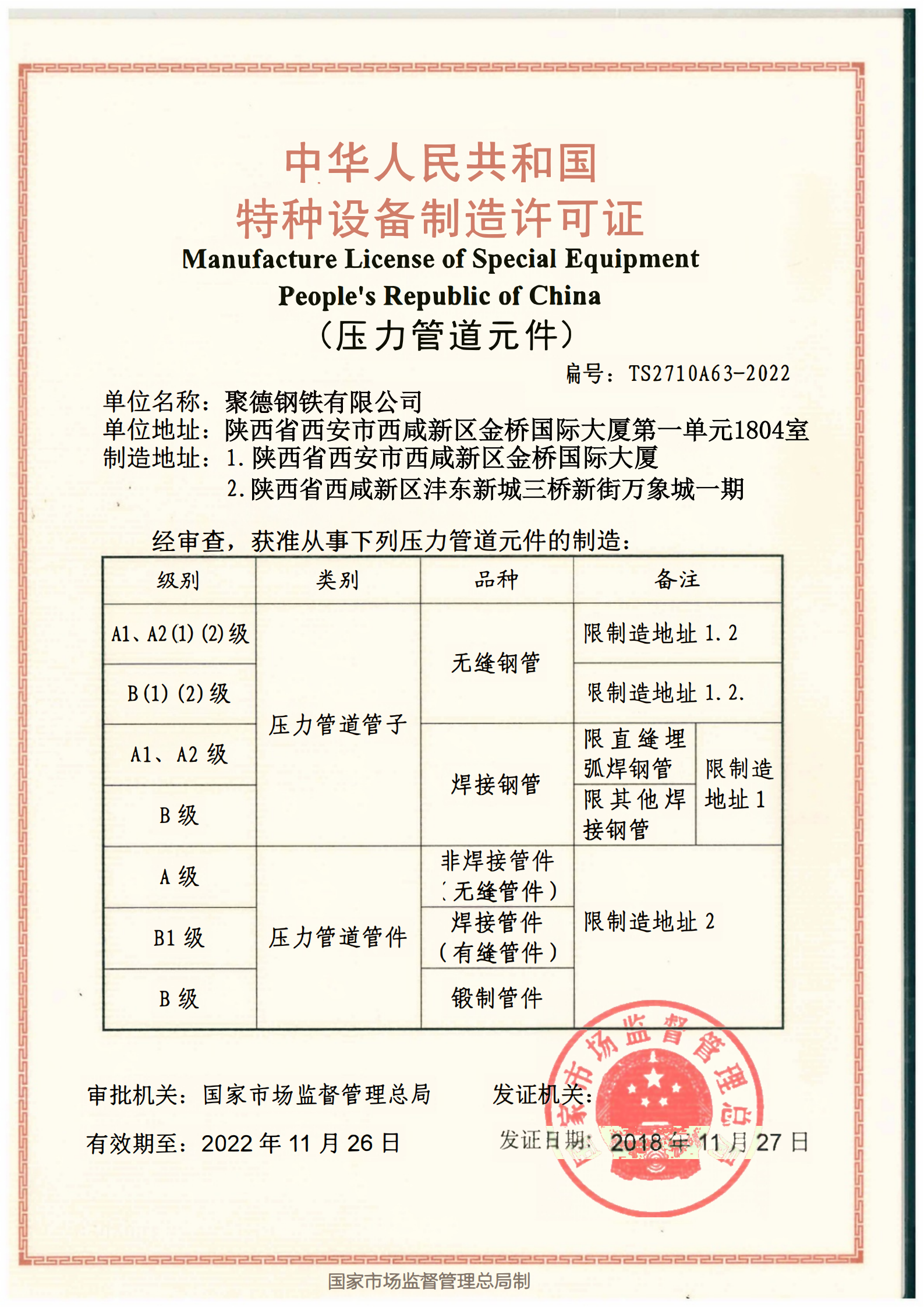 JuDe Steel Co., Ltd. Certifications
