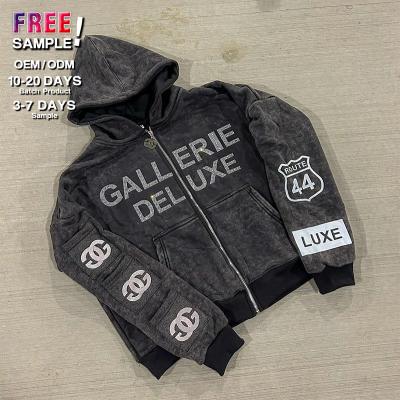 Fabricants de vêtements personnalisés Rhinestone Acide Lavé Fermeture à glissière vers le haut Poches multiples Vintage Poids lourd Hoodie Soleil fané Hoodies Hommes