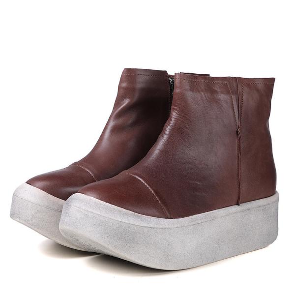 S040 Round toe retro leather women's boots fluffy flat wedge heel literary fan original handmade thick-soled women's