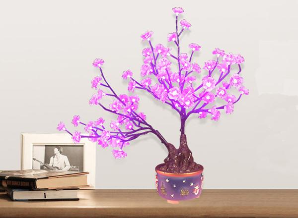 LED Chinese Simulation Bonsai Resin Ornaments Decorative Lamp Peach Blossom Petals Apple Orange Potted Tree Lamp