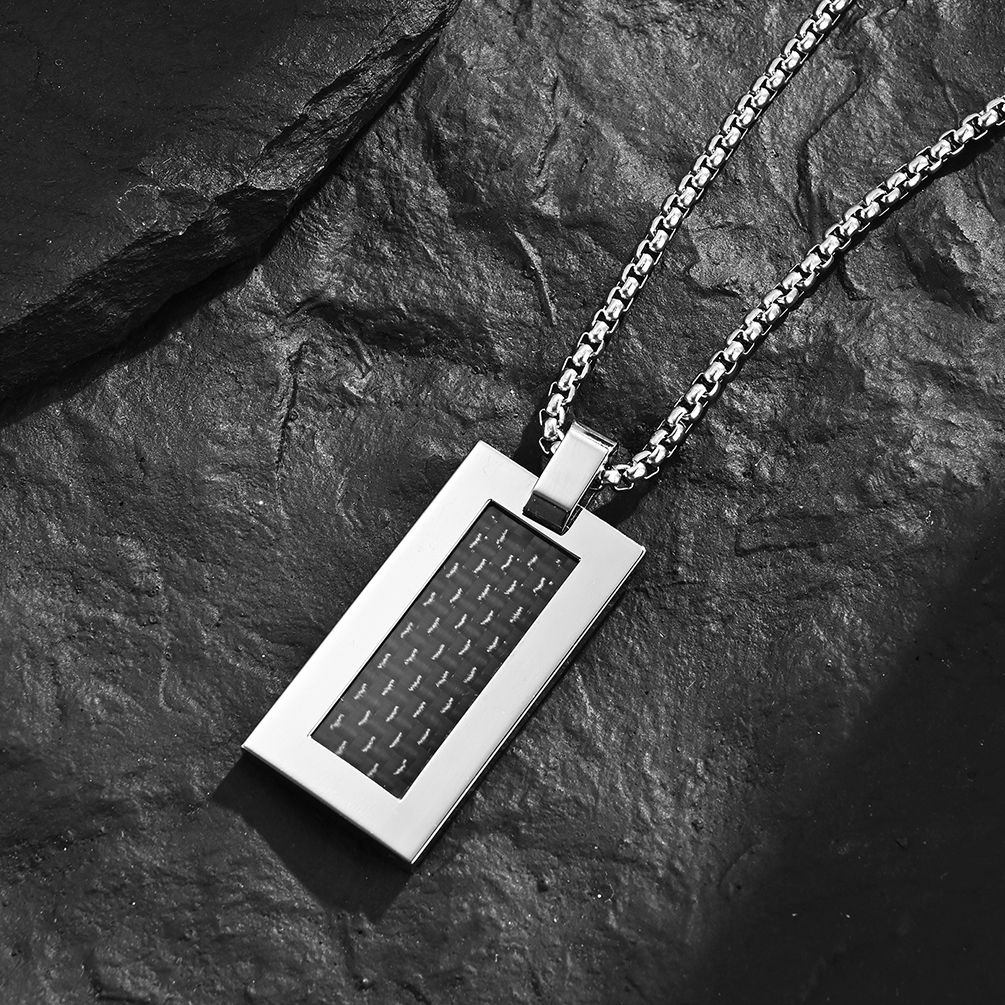 Stainless Steel and Carbon Fiber Square Religious Cross Pendant Necklace for Men , Stainless Steel Christian Jewelry