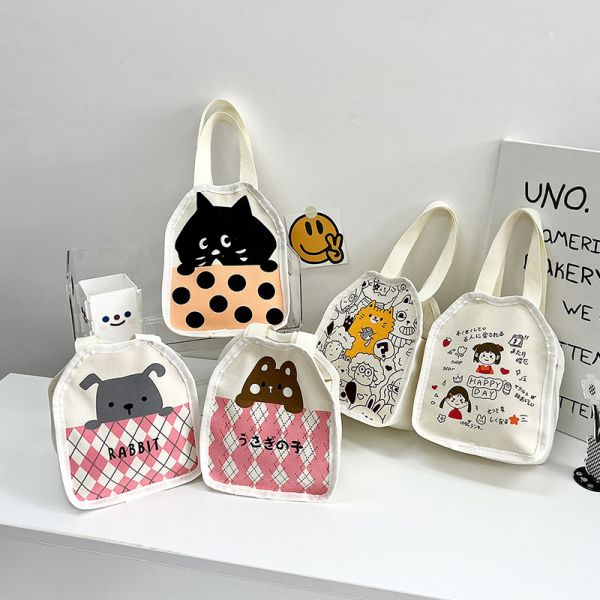 DIY drawing Japanese cartoon cute cat canvas bag Wave dot milk tea handbag carrying hand pull bag logo words