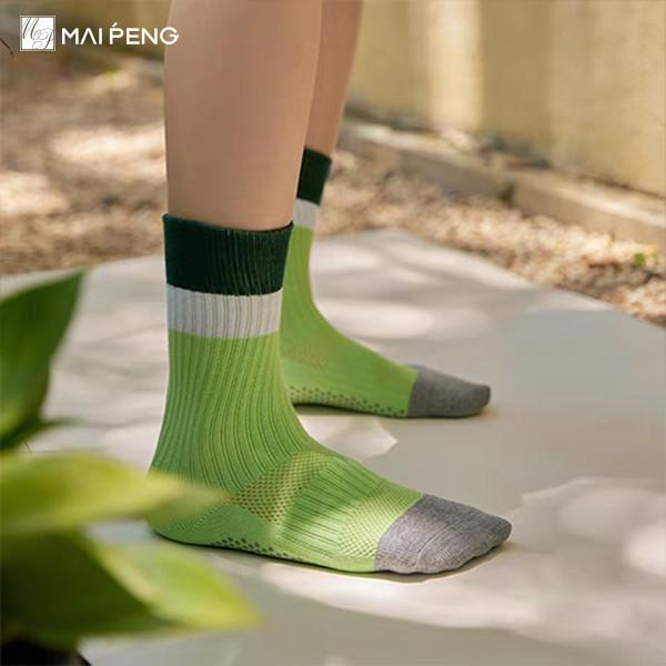 Stripe Cuff Breathable Mesh Anti Slip Gym Pilates Grip Crew Yoga Socks
