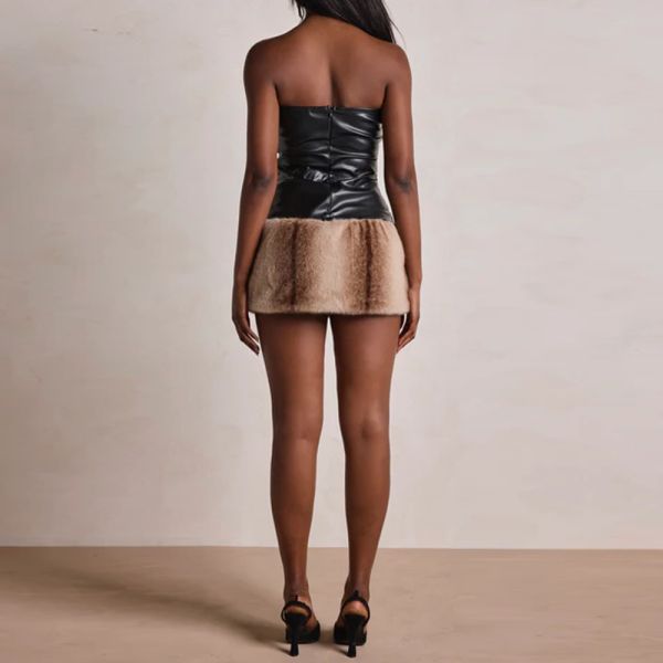 Strapless Brown Faux Fur Dress Faux Fur Mini Dress Fur Trim Clothes Zipper