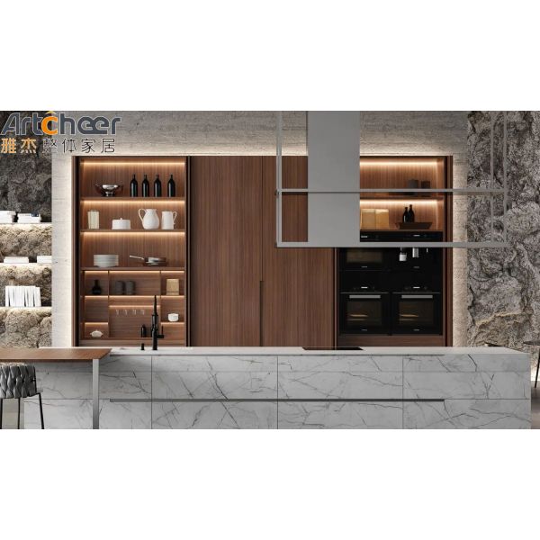 Modular Acrylic Kitchen Cabinet Door with Aluminium Frame and Sintered Stone Table Top