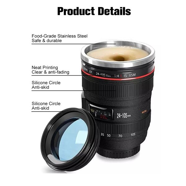 Creative Double Wall Stainless Steel 400ml Camera Lens Shape Coffee Mug Travel Bottle