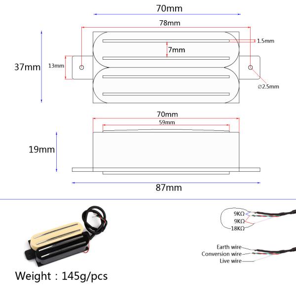 2 Rail Hot Rail Humbucker Pickup ABS Cover DC Resistance 9KΩ/NM18 KΩ/B