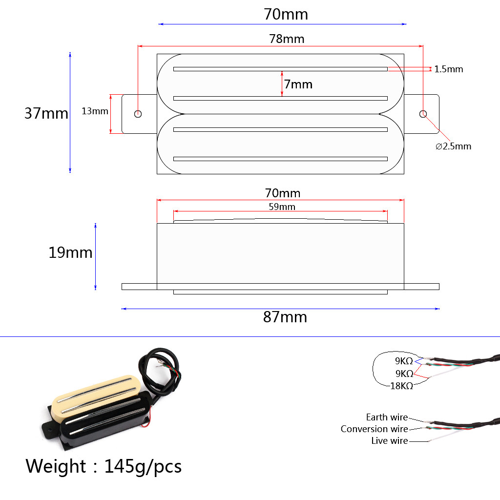 2 Железнодорожный горячий рельс Humbucker Pickup ABS Cover DC Сопротивление 9KΩ/NM18 KΩ/B