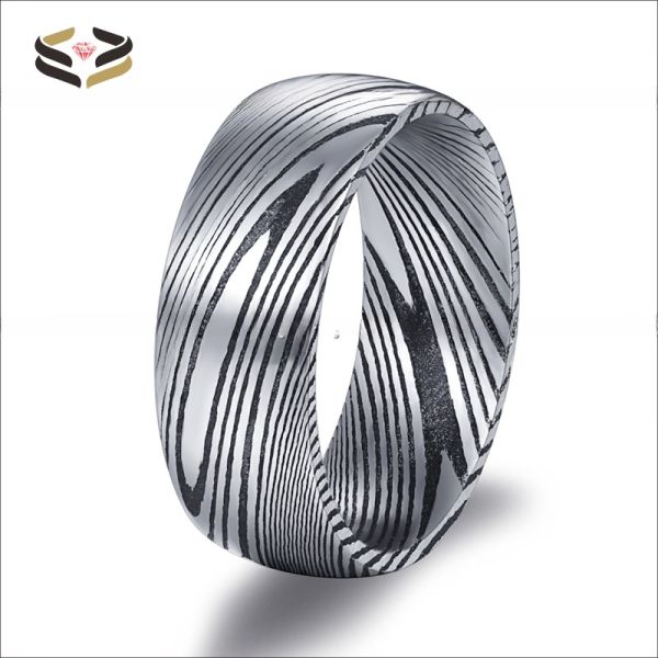 Third Party Appraisal Black 8mm Damascus Steel Ring Dome Finished Wedding Band For Men Inlay N/A Certificate Type