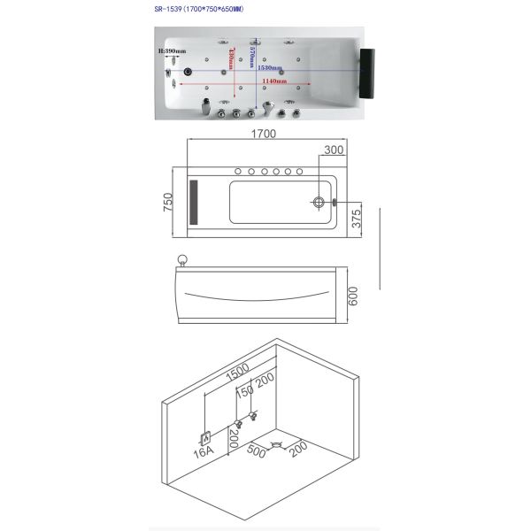Акриловые ванны водоворота воздушной струи в 5 ног 60 x 30 60 x 32 60 x 36