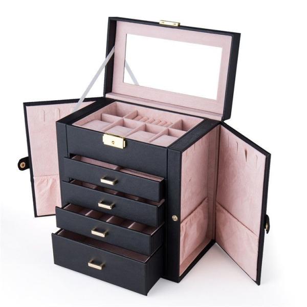 Square Luxury Pink Black Leather Jewelry Set/Ring/Earring/Necklace/Bracelet/Watch Storage Display Box