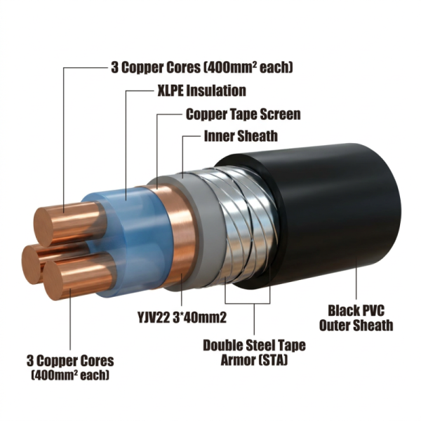 High Voltage Cable YJV22 3 X 400mm2 Steel Tape Armoured Copper Core Underground Power Cable