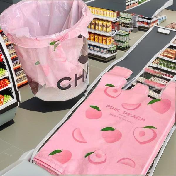 Cute Pink Peach Heart Embossed Printed Side Gusset Bag Thickened PE Supermarket Use Garbage Packing Fruit Bag Recyclable