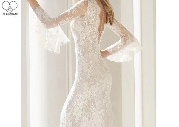 Deep V Neck Long Sleeve Lace Mermaid Wedding Fishtail High Slit Buttons Back