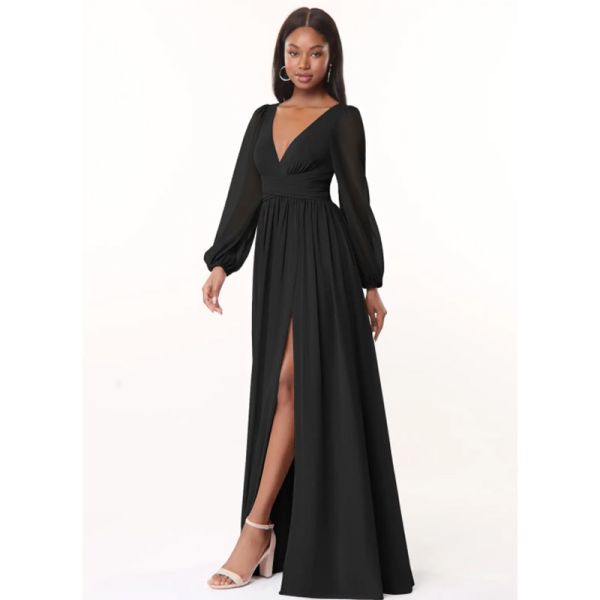 Charming OEM Chiffon Long Bridesmaid Dress A-Line V-Neck Long Sleeves Front Split Slit Backless Ruffles