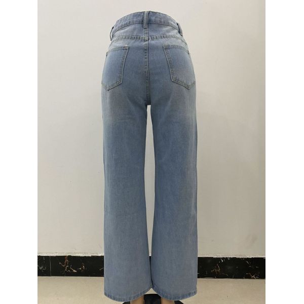 Fashion Loose Light Blue Denim Pants Wide Leg Ripped Jeans For Women