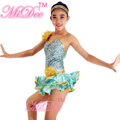 Gold Metallic Edged Hip Hop Dance Costumes Tiered Wire Hem Skirt Sequins Bodice with Flowers Trims