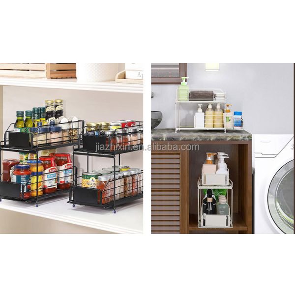 Under Sink Storage Shelf 2 Tier Bathroom Organizer Multi-Purpose Desktop Spice Rack Bottom Pull Out Drawer for Kitchen Cabinet
