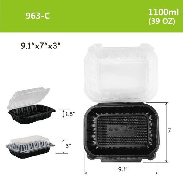 Takeaway Meal Container with Various Sizes,PP Hinged Lid Clamshell Container,Microwavable,9.1”x7”x3”