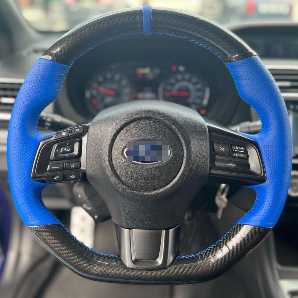 Custom Hand Stitching Carbon Fiber Blue Leather Steering Wheel Cover Wrap for Subaru WRX STI Levorg 2015 2016 2017 2018 2019