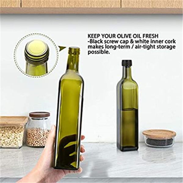 Glass Dark Green Kitchen Oil Bottle With Stainless Steel Spout Funnel Square 500ml 2pcs