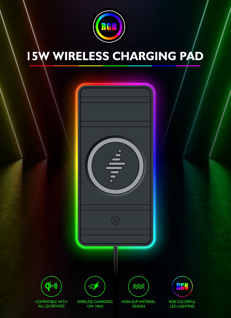 Быстрое авто черное беспроводное зарядное устройство с RGB светом для Apple Phone / Apple Watch