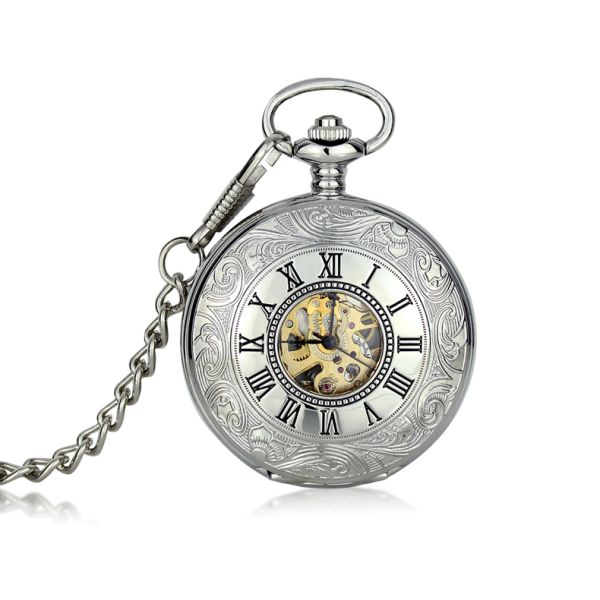 Alloy Skeleton Movement Silver Pocket Watches For Mens , Man's Pocket Watch