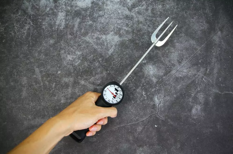 Момент времени прочитал вилку термометра мяса формы тела вращения с криволинейной образующей инструментов ББК трезубца