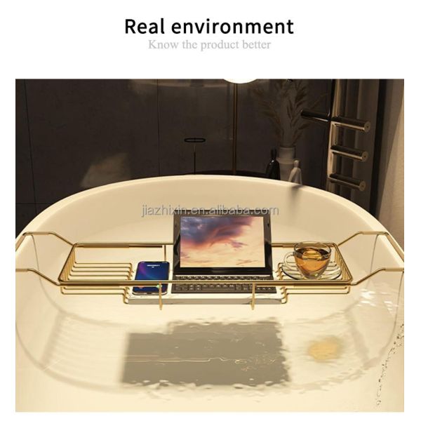 Bathroom Stainless Steel Scalable Bathtub Storage Rack Shower Gel Organizer Holder Non slip Marble Anti Slip Bathtub Caddy Tray