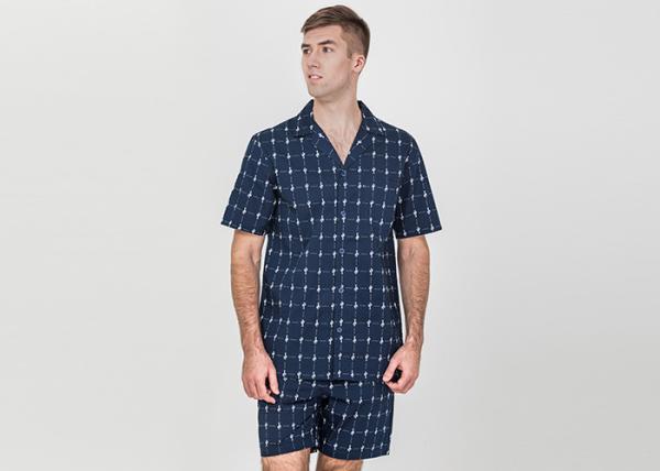 Navy Blue Mens Luxury Sleepwear Button Through Shirt And Short Pants Eco Friendly