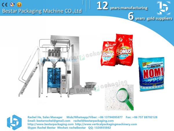 Stand pouch bag packing machine for washing powder, detergent powder, with spoon feeding