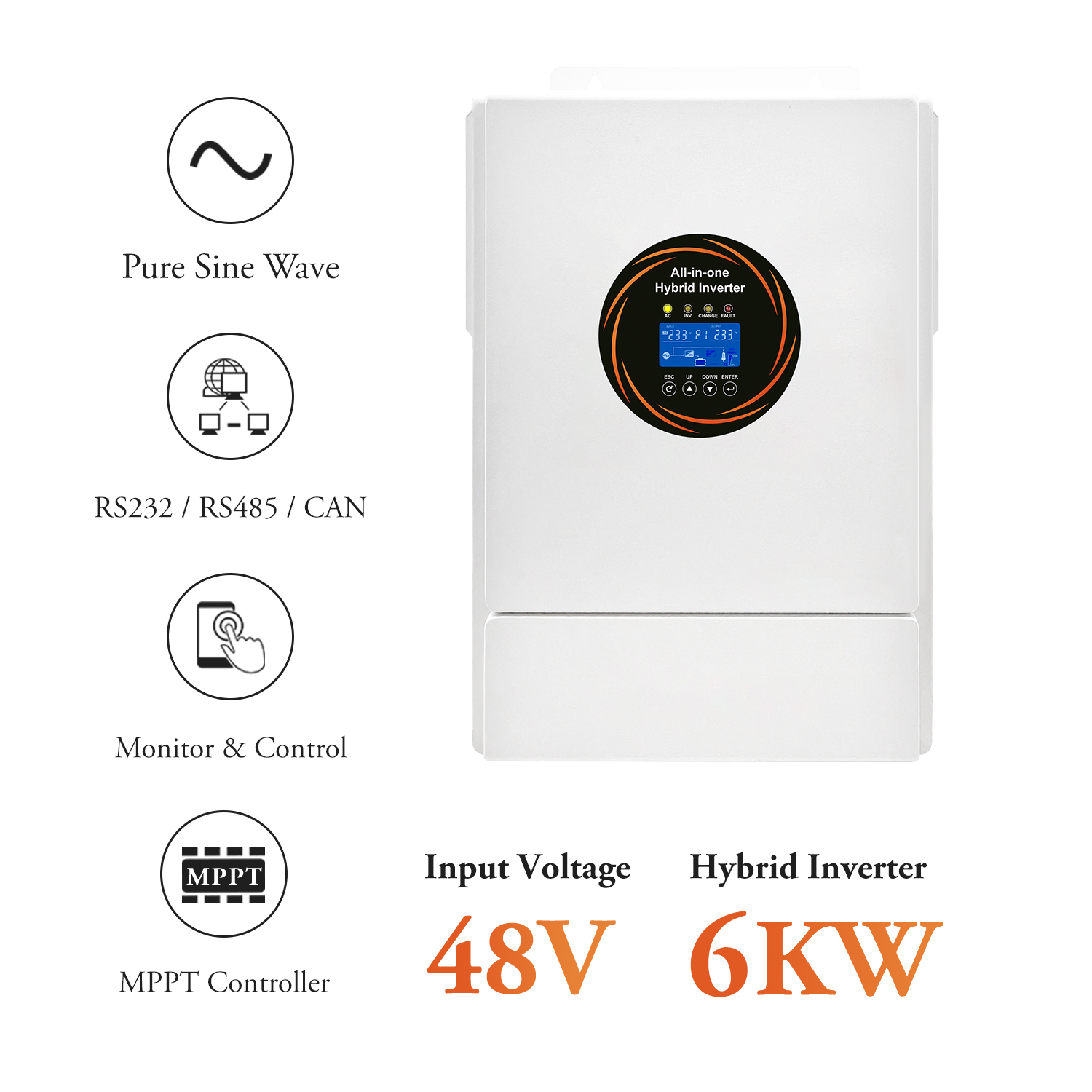 6KW All In One Hybrid Inverter Pure Sine Wave MPPT Controller RS232 / RS485 / CAN PV Input Household Mobile Applications & Cloud BMS