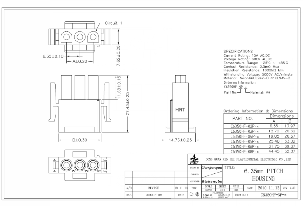 Electronic Single Row Housing Wire To Wire Connectors 6.35mm Pitch Male Housing