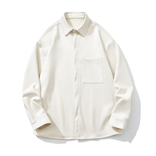 Men's Winter 2023 Suede Solid Color Long Sleeve Shirt with Pockets and Loose Fit Style