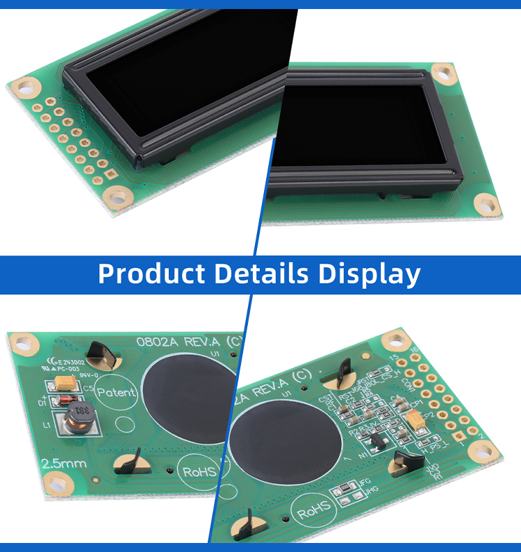 OLED0802A Character LCD Display Module, Black Film, WS0010 Controller, Parallel Port Interface, 58x32x10mm Working Temperature -40+80 Display