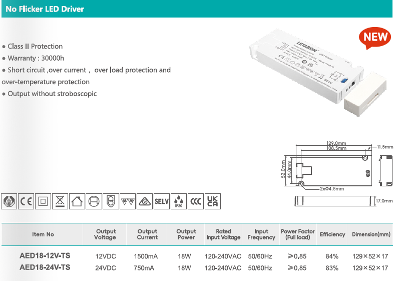 IP20 EU Flicker-free LED Driver 18W 30W with CE UKCA Certificate for Cabinet Light