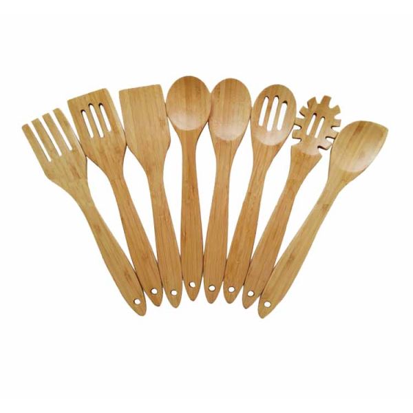 Reusable Bamboo Kitchen Cooking Utensil Set Organic 8 Pieces With Utensils Holder