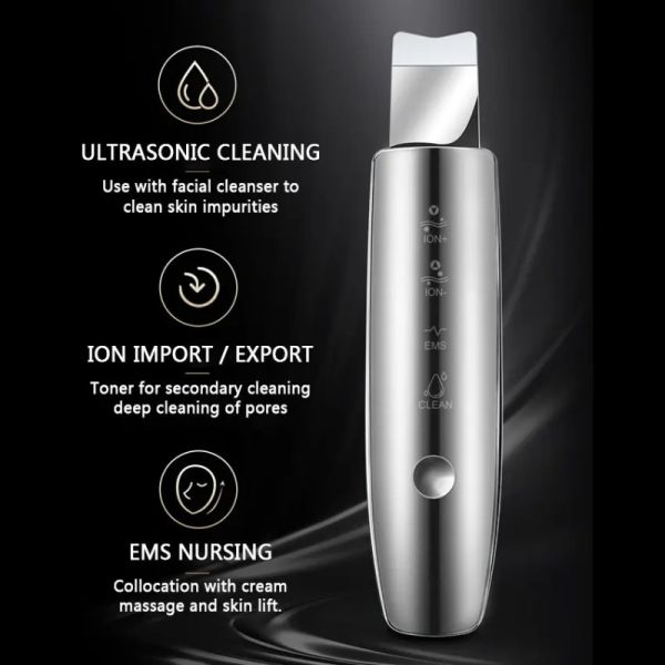 Ultrasonic Facial Skin Scrubber Spatula Deep Cleansing of Blackheads and Pores Face Skin Tool with Red &blue Light