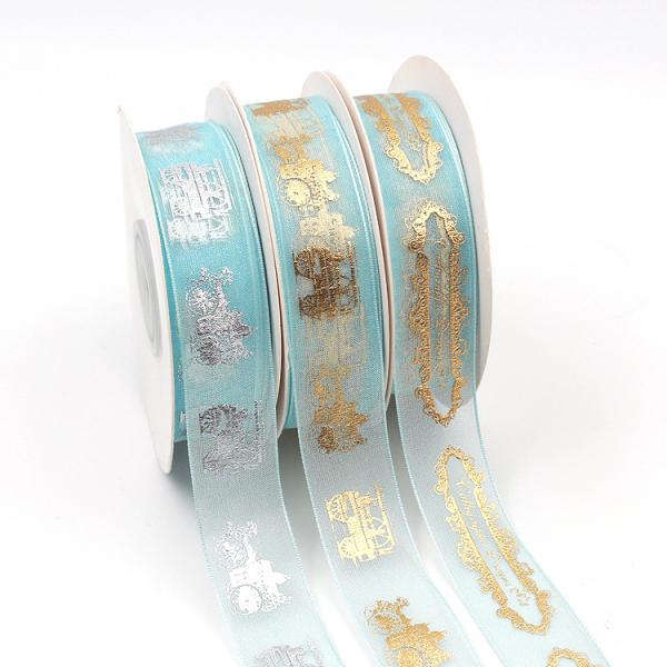 Gold Printed Organza Ribbon , Double Face Type Organza Wedding Ribbon