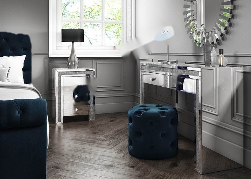 JS0321 Crushed Diamond Mirrored Silver Finish MDF Side Table Dressing Table