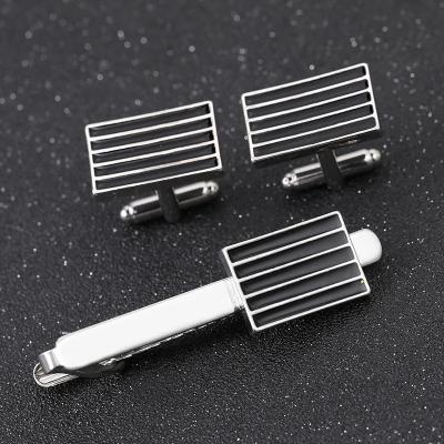 Men's Brass Metal Tie Clip And Cufflink Set With Black Enamel For Wedding Party