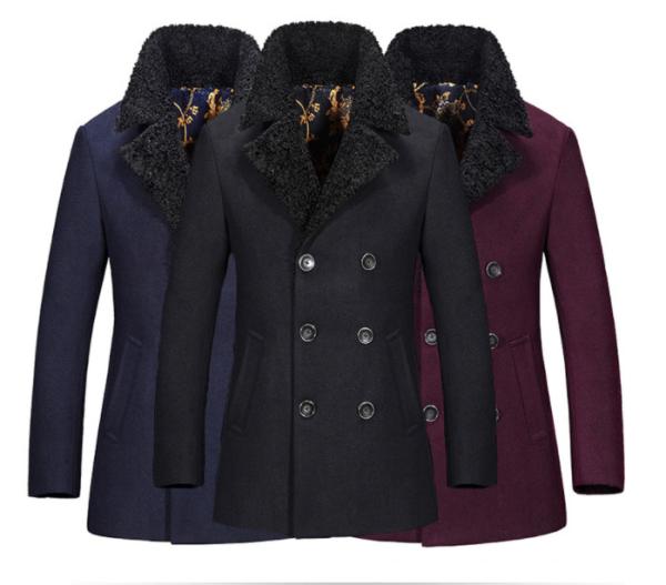 Regular Length Mens Wool Coat With Fur Collar , Mens Double Breasted Trench Coat