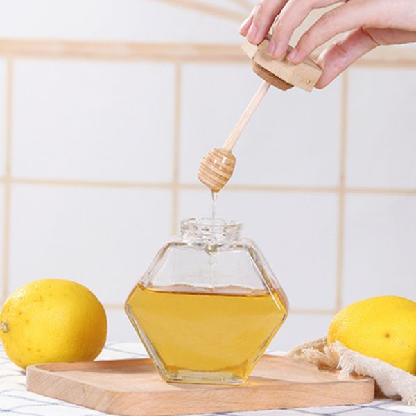 Wooden Dripper Heat Resistant Hexagon Glass Honey Jar