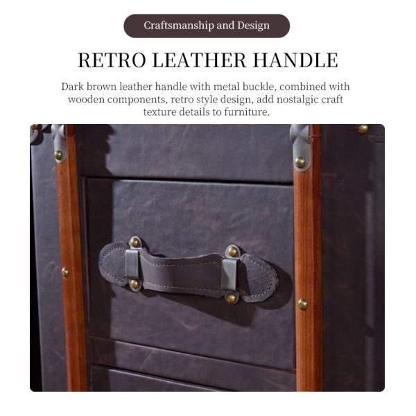 Nidea #8507 Classic Vintage Handmade Leather Trunk Cabinet Portable Storage Bedside Table with 2 Drawers for Living Room Furniture
