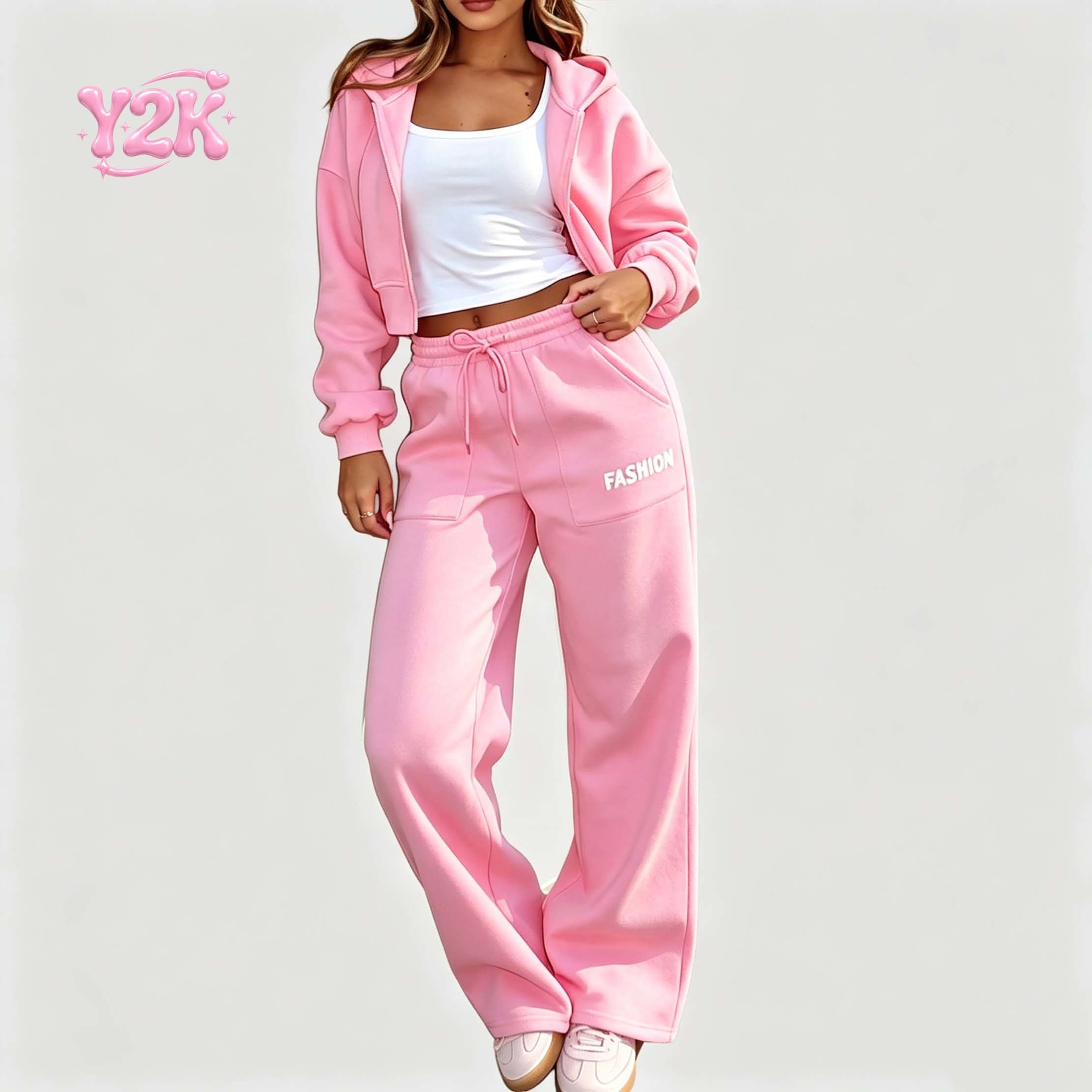 Custom Women's Pink Cropped Zip Up Hoodie & Wide Leg Pants 2pc Set