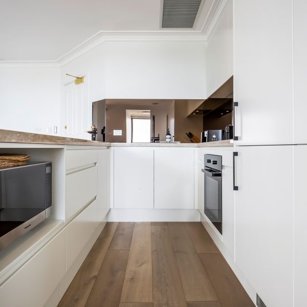 TUV Handless PVC Kitchen Cabinet White Matt Lacquer Finish