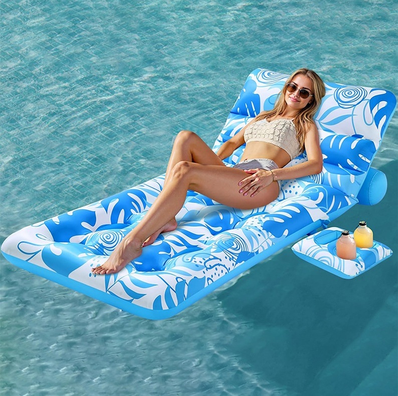 Cross-border PVC Inflatable Raft Cup Holder Backrest Hollow-Design Floating Bed Tropical Leaf Patterned Beach Water Mattress