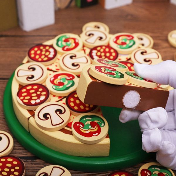 64 Pcs Pretend Play Wooden Pizza Toy For Children Food Cooking