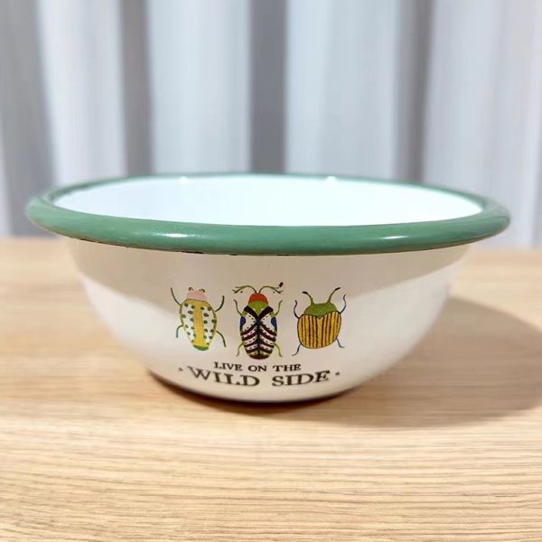Daily Enamel Steel White Bowls Plates Set With 304 Stainless Steel Rolled Edge Rim